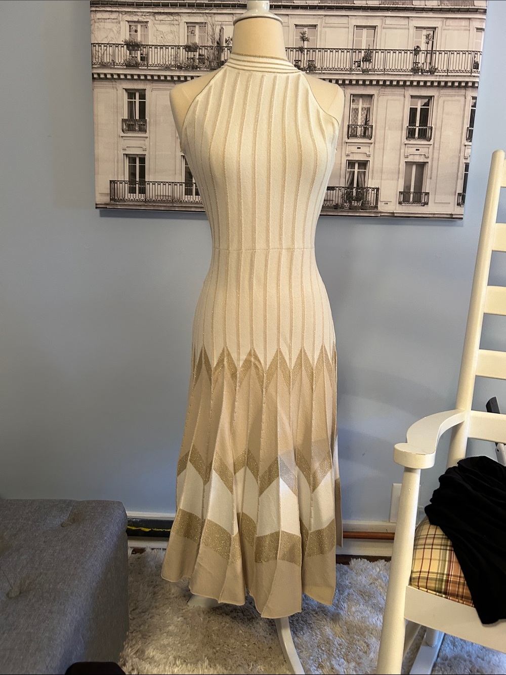 Anthropologie Cream and Tan Halter Knit Maxi Dress